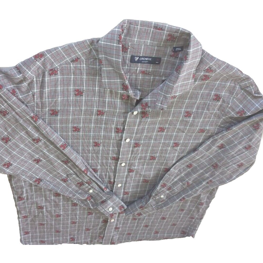 CREMIEUX Men's Classic‎ Long-sleeved Shirt XL Embroidered Floral Red Plaid Gray